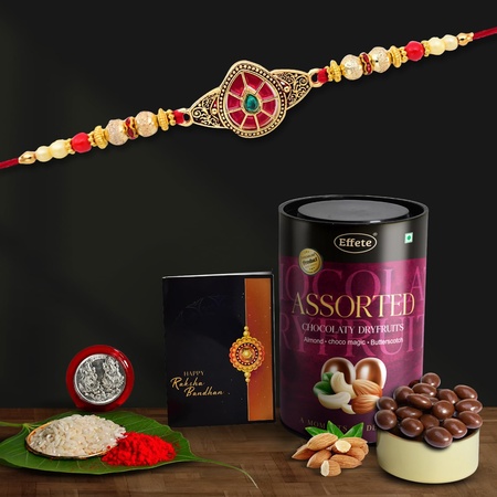Rakhi For Brother Set Of 1 With Assorted Chocolate Dryfruits 96gm Rakhi For Brother And Bhabhi Rakhi With Chocolate Rakhi With Gift For Brother Rakhi For Kids Rakhi Set Rakhi Combo Rakhi With Sweets (K1_419_as)