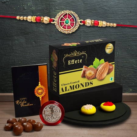 Rakhi For Brother Set Of 1 With Chocolate Almonds 32gm Rakhi For Brother Bhabhi Rakhi With Chocolate Rakhi With Gift Rakhi For Kids Rakhi Combo Rakhi With Sweets (K1 422 ca32)