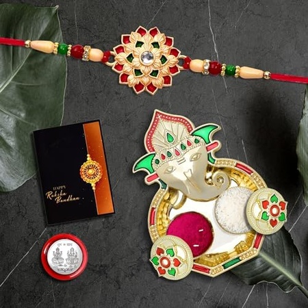 Rakhi For Brother Set Of 1 With Dish Silver Coin  Greeting Card Rakhi For Brother And Bhabhi Rakhi With Gift For Brother Rakhi For Kids Rakhi Set Rakhi Combo (K1_501_aa3)