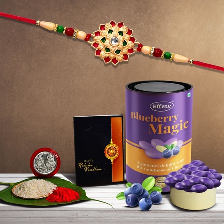(K1_501_as) Multicolor Layered Flower Rakhi Combo With Assorted Chocolate Dry Fruits 96gm Silver Color Pooja Coin Roli Chawal  Greeting Card Occasion Rakhi For Brother With Gift Chocolate Gift Pack Rakhi With Chocolate Gift Hemper Br