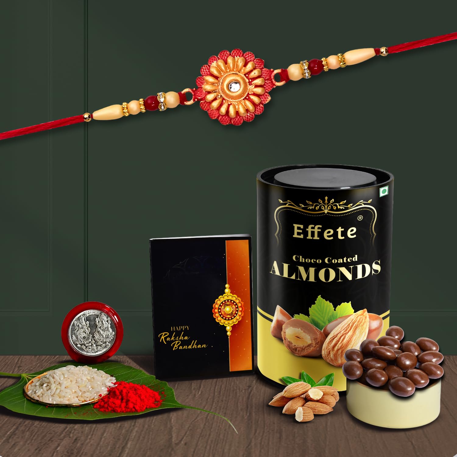Multicolor Blue Peacock Rakhi Bracelet (K1_503_ca) Chocolate Almonds 96gm With Silver Color Pooja Coin Roli Chawal Greeting Card Occasion Rakhi For Brother With Gift Rakhi With Chocolate Rakhi Combo For Brother Set Of 1 Rakhi