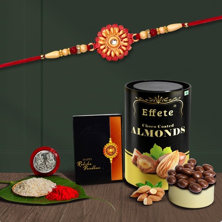Multicolor Blue Peacock Rakhi Bracelet (K1 503 ca) Chocolate Almonds 96gm With Silver Color Pooja Coin Roli Chawal Greeting Card Occasion Rakhi For Brother With Gift Rakhi With Chocolate Rakhi Combo For Brother Set Of 1 Rakhi