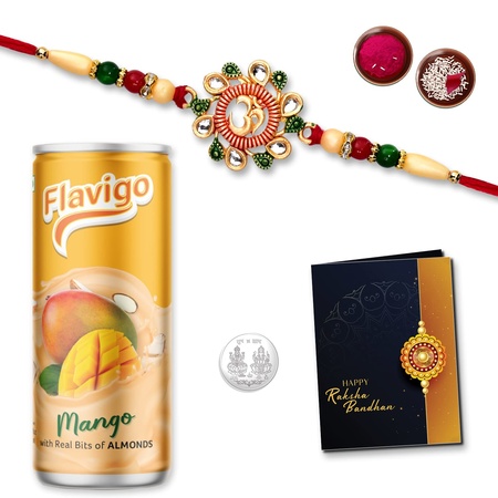 Multicolor Green Beads Rakhi Bracelet (K1 506 mds) Mango Milk Drink With Silver Color Pooja Coin Roli Chawal Greeting Card Occasion Rakhi For Brother With Gift Rakhi With Milkshake Rakhi Combo For Brother Flavoured Milk Set Of 1 Rakhi