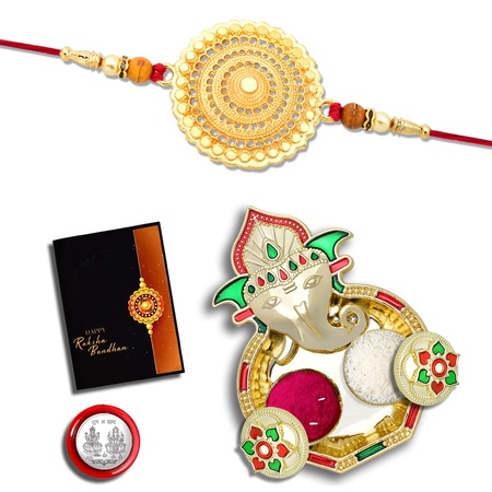 Rakhi Combo With (K1 507 aa1) With Pooja Coin Gold Color Pooja Thali Tilak Set Greeting Card Rakhi With Plate Rakhi Thali Set Rakhi In Silver Rakhi Hamper Handmade Rakhi Rakhi For Brother Kids Rakhi For Brother And Bhabhi Rakhi S