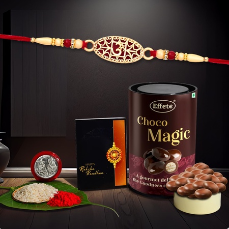 Rakhi Combo Gift For Brother With Center Filled Chocolate Golden Color Om Rakhi New Rakhi Rakhi Gift Pack For Sister Rakhi Set Of 1 With Greeting Cardroli-chavalcoin(K1 510 cd)