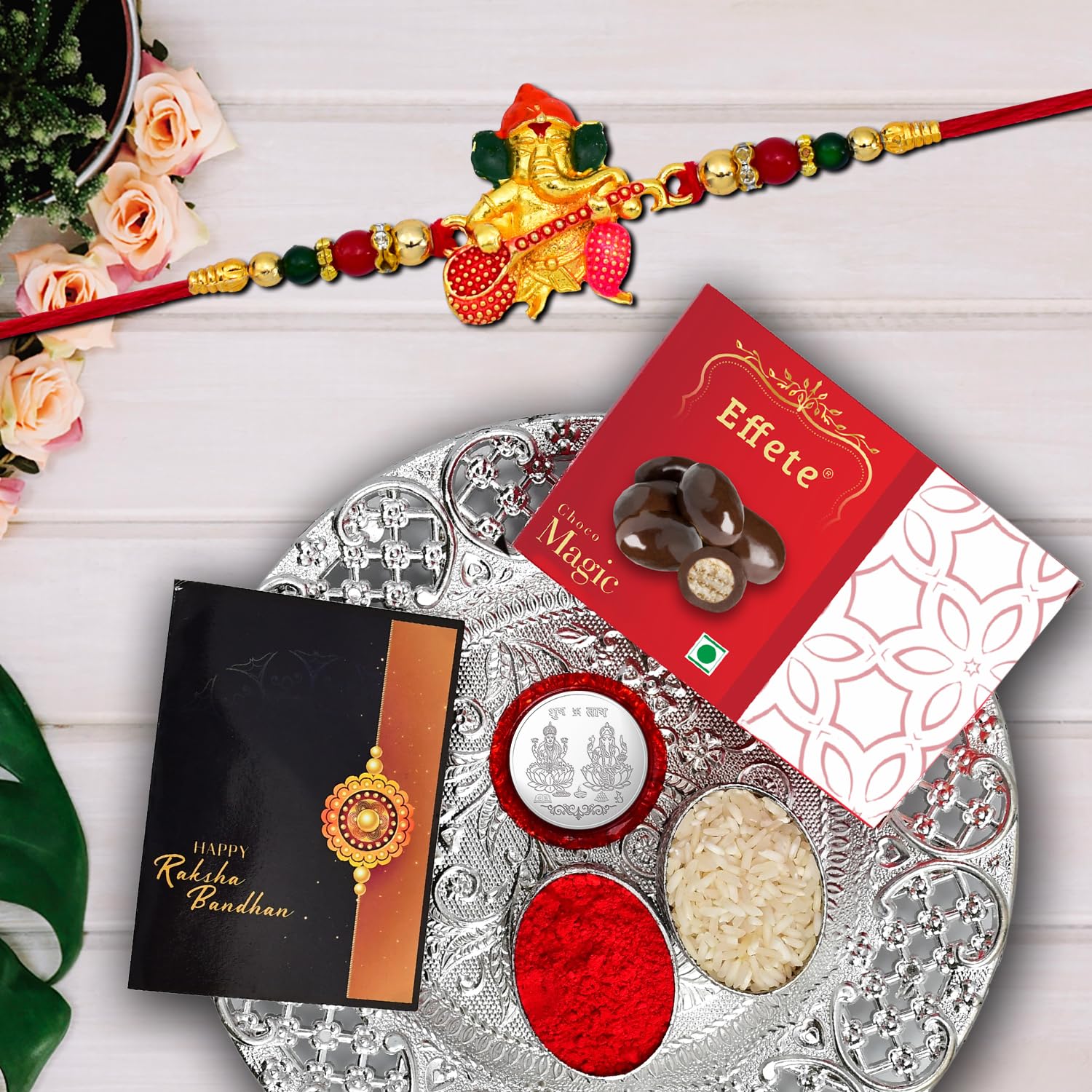 Rakhi For Brother With Colorful Beads Rakhi For Bhai With Chocolate Magic 32gm Pooja Thali With Pooja Coin Greeting Card (K1_511_ds+em32)