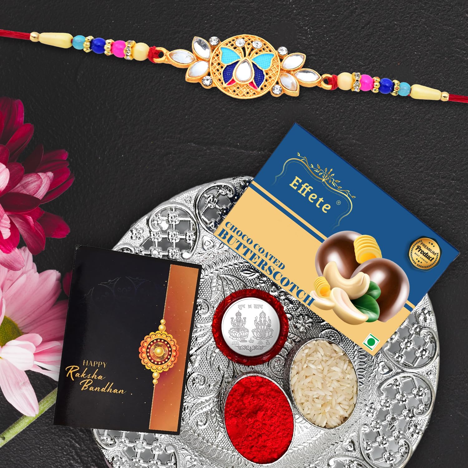 (K1_514_ds+bs32) Rakhi Combo With Chocolate Butter Scotch 32gm Silver Pooja Thali Pooja Coin Greeting Card Rakhi Thali Rakhi Gift Set Rakhi Thali Set Rakhi With Chocolate Rakhi With Plate Rakhi Hamper For Brother Rakhi With