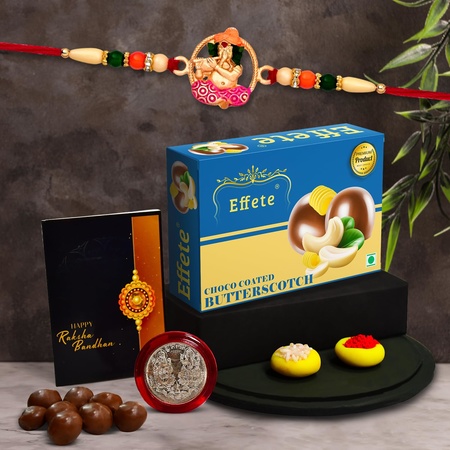 Multicolor Idol Ganesh Rakhi  Bracelet (K1_522_as)  Assorted Chocolate Dry Fruits 96gm With Silver Color Pooja Coin Roli Chawal  Greeting Card  Occasion  Rakhi For Brother With Gift  Rakhi With Chocolate Rakhi Combo For Brother  Set