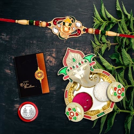 Rakhi For Brother Set Of 1 With Dish Silver Coin  Greeting Card Rakhi For Brother And Bhabhi Rakhi With Gift For Brother Rakhi For Kids Rakhi Set Rakhi Combo (K1_523_aa3)