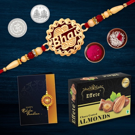 Multicolor Bhai Coded Rakhi  Bracelet (K1_527_ca32)  Chocolate Almonds 32gm With Silver Color Pooja Coin Roli Chawal  Greeting Card Occasion Rakhi For Brother With Gift Rakhi With Chocolate Rakhi Combo For Brother Set Of 1 Rakhi Ra