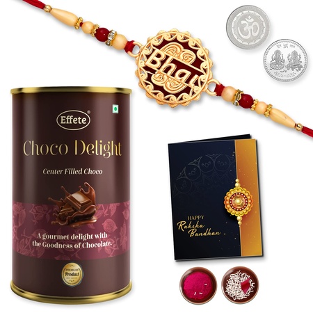 (K1_527_cd) Multicolor Bhai Coded Rakhi Combo With Chocolate Delight 96gm Silver Color Pooja Coin Roli Chawal  Greeting Card  Occasion  Rakhi For Brother With Gift  Chocolate Gift Pack Rakhi With Chocolate Gift Hemper  Bracelets For