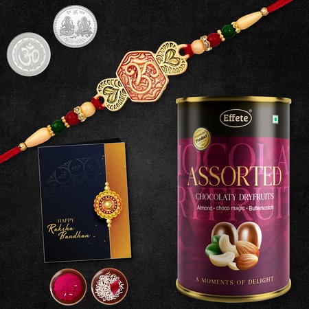 Multicolor Simple Heart Rakhi  Bracelet (K1_528_as)  Assorted Chocolate Dry Fruits 96gm With Silver Color Pooja Coin Roli Chawal  Greeting Card Occasion Rakhi For Brother With Gift Rakhi With Chocolate Rakhi Combo For Brother Set Of