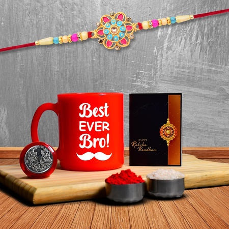Rakhi Combo (K1_559_rtm) Plastic Unbrekable Tea  Milk  Coffee Mug (Red Best Ever Bro Mug) With Pooja Coin  Greeting Card Rakhi Set Rakhi Mug Rakhi For Brother With Mug Rakhi Mug For Brother Rakhi For Brother With Coffee Mug Rakhi With Mug