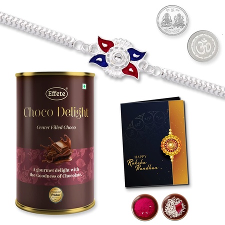 Multicolor Free Hand Drawing Silver Color Rakhi  Bracelet (K1_a30_cd)  Chocolate Delight 96gm With Silver Color Pooja Coin Roli Chawal  Greeting Card  Occasion  Rakhi For Brother With Gift  Rakhi With Chocolate Rakhi Combo For Brothe