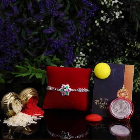 Rakhi For Brother  Silver Color Coin  Greeting Card With Colorful Fridge Magnets 2 Pc  Rakhi For Bhai Bhabhi  Kids  Combo Gift Pack For Raksha Bandhan Festival (K1_a31_4676(Q2)_y25)