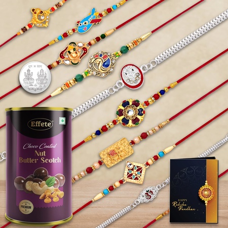 Multicolor Bracelet Rakhi (K10_mc8_bs)  Chocolate Butter Scotch With Silver Color Pooja Coin Roli Chawal  Greeting Card  Occasion  Rakhi Combo With Card And Chocolate  Chocolates Gift  Rakhi  Chocolate For Brother  Rakhi With Gift