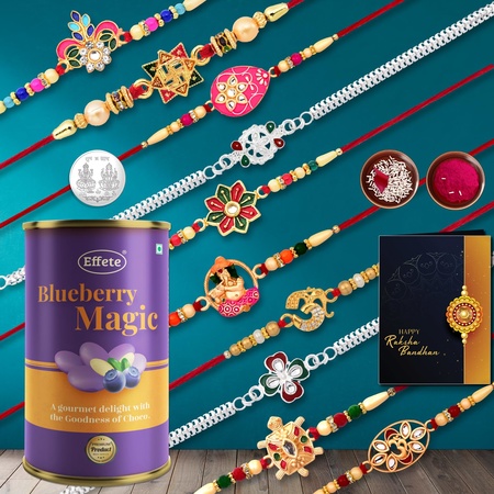 (K10_mc11_as) Multicolor Rakhi Combo With Assorted Chocolate Dry Fruits  Silver Color Pooja Coin Roli Chawal  Greeting Card Occasion Rakhi For Brother With Gift Chocolate Gift Pack Rakhi With Chocolate Gift Hemper Bracelets For Men