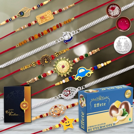 (K10_mc10_bs32) Multicolor Rakhi Combo  Chocolate Butter Scotch With Silver Color Pooja Coin Roli Chawal  Greeting Card  Occasion  Rakhi  Chocolate For Brother  Bracelets For Men Stylish  Rakhi With Gift  Rakhi Combo  Set Of 10 Rak