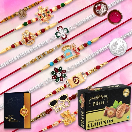Rakshbandhan Special Silver Plated Rakhi Set Of 10 With Chocofarm Choco Peanuts 32 G Roli Chawal Pooja Coin And Greeting Card