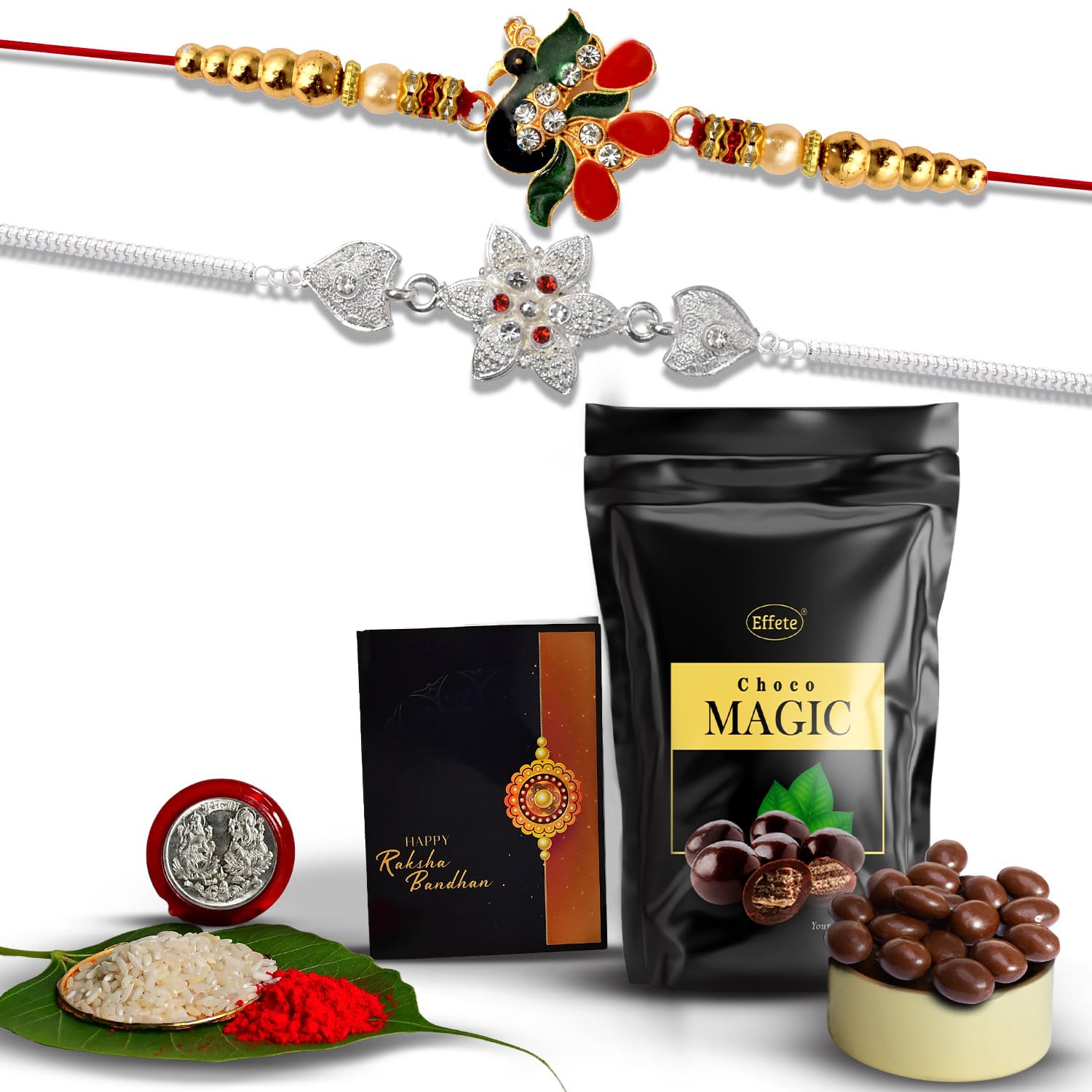 Multicolor Bracelet Rakhi (K2_534+c11_sp) Chocolate Magic 32gm With Silver Color Pooja Coin Roli Chawal Greeting Card Occasion Rakhi For Brother With Gift Rakhi With Chocolate Rakhi Combo For Brother Set Of 2 Rakhi Rakhi Cho