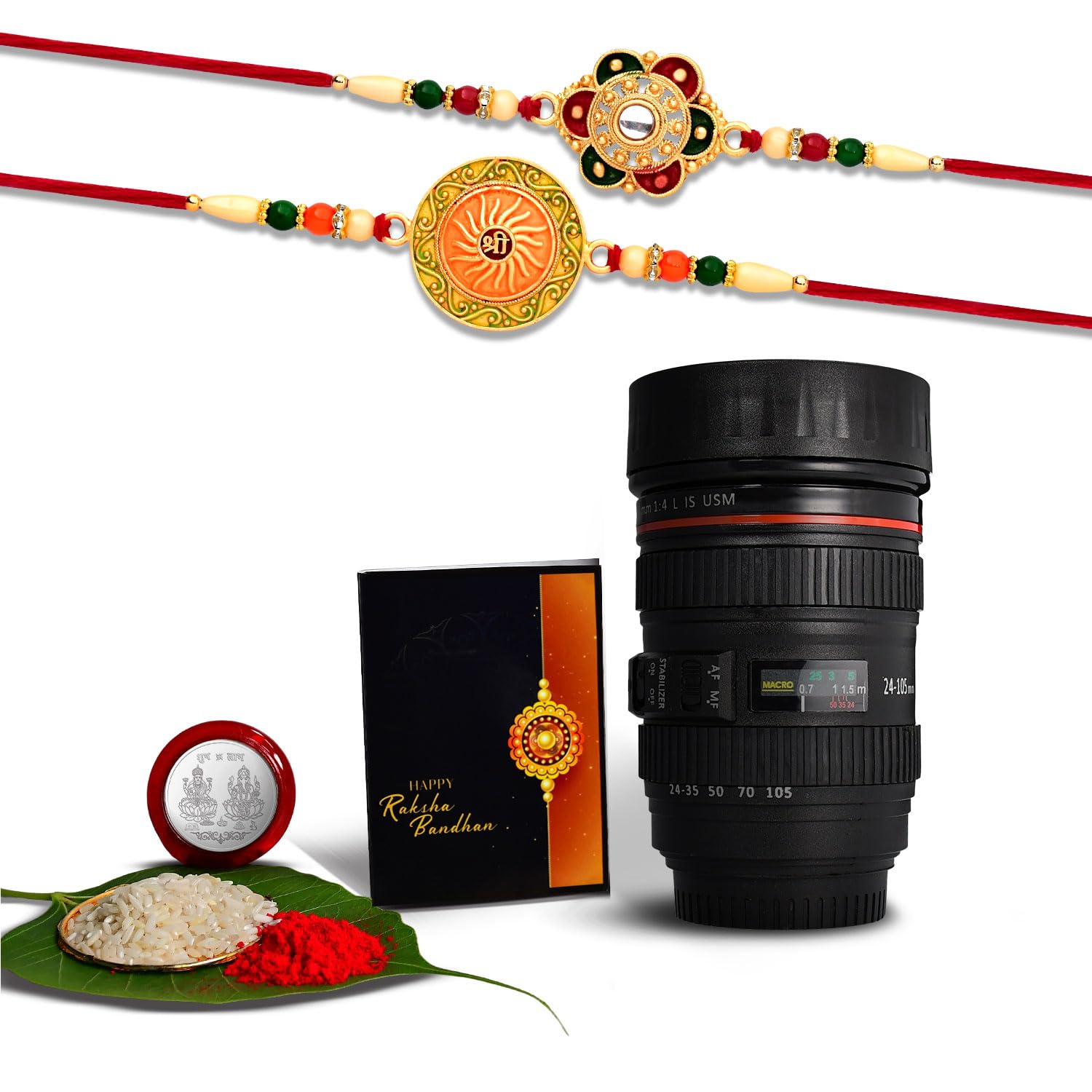 Multicolor Shri Floral Diamonds Colorful Beads Rakhis (K2_537+538_m720) Camera Lens Coffee Mug With Silver Color Pooja Coin Greeting Card Occasion Kids Silver Rakhi Fancy Rakhi For Brother Gifts For Little Brother Online Rakhi Combo
